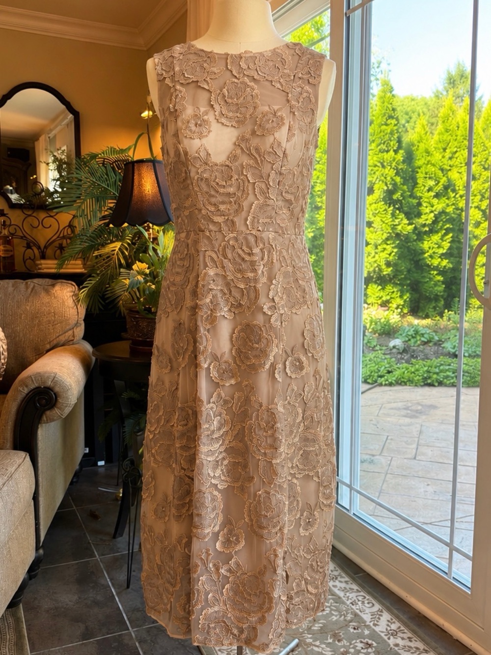 BHLDN Taupe Floral Lace Midi Dress